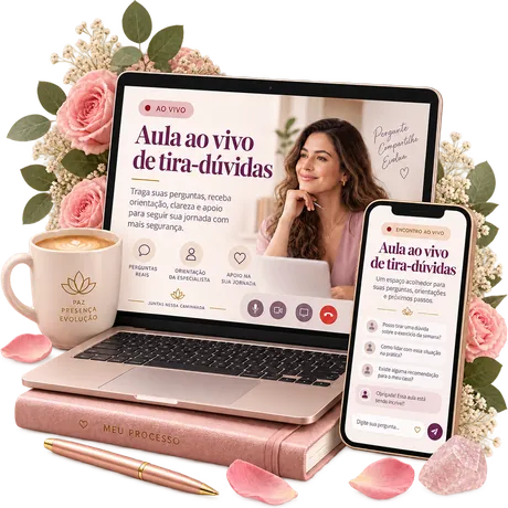 Mockup da aula ao vivo de tira-dúvidas em um notebook e um celular, ao lado de uma xícara e flores