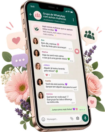 Mockup de um celular com a conversa do grupo de WhatsApp entre mulheres