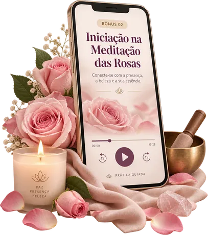 Mockup da Iniciação na Meditação das Rosas em um celular, ao lado de rosas, vela e tigela tibetana