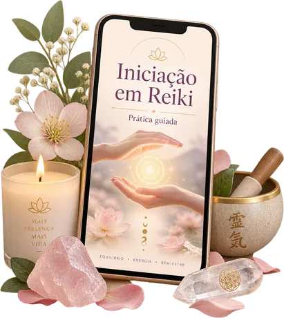Mockup da Iniciação em Reiki em um celular, ao lado de vela, quartzo rosa e tigela tibetana