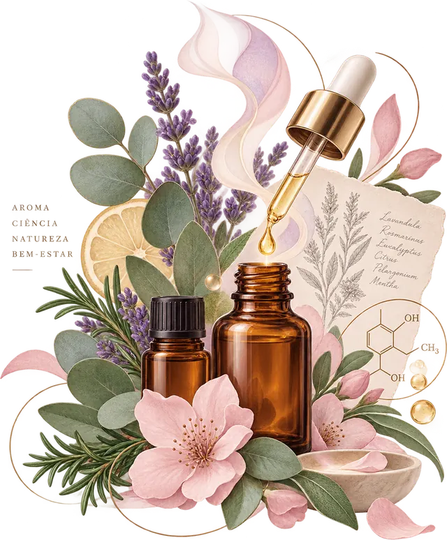 Ilustração de frascos âmbar de óleo essencial com conta-gotas, cercados por lavanda, alecrim, eucalipto, rodela de laranja e flores de cerejeira, ao lado de uma prancha botânica