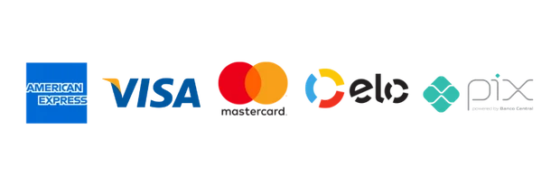 Formas de pagamento: Pix, boleto, Visa, Mastercard, Elo e American Express