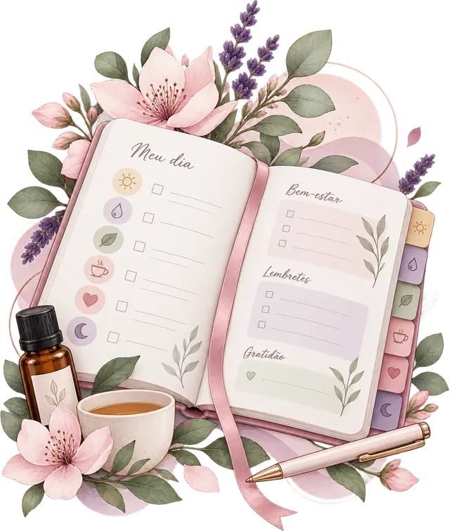 Ilustração de um caderno aberto com seções e listas, ao lado de um frasco de óleo essencial, uma xícara, uma caneta e flores