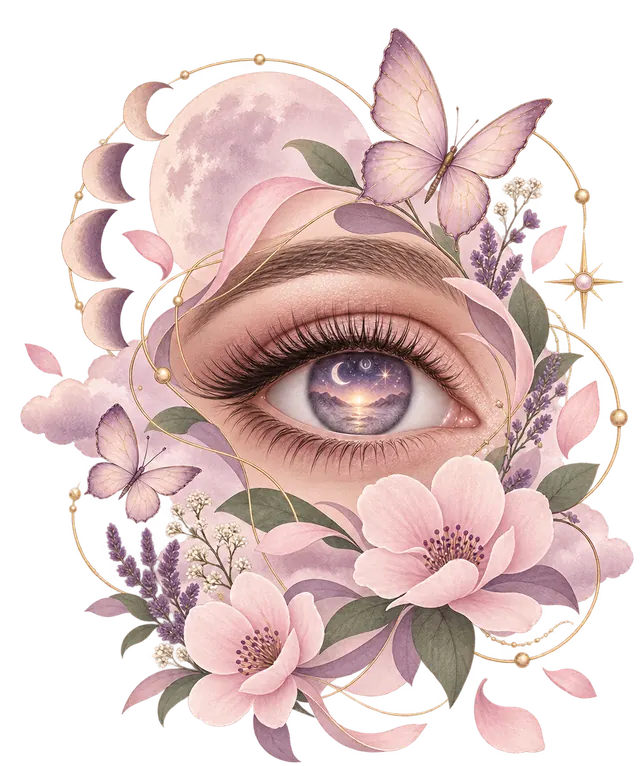 Ilustração de um olho com uma paisagem ao luar dentro da íris, cercado por fases da lua, borboletas e flores